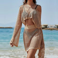 Khaki women's bell sleeve top and skirt sun protection set with hollow-out design
