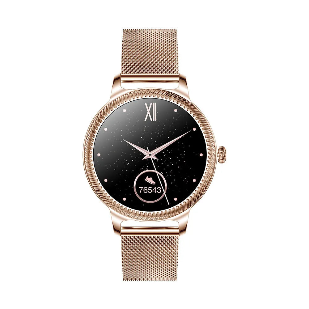 AK38 ladies smart watch with stainless steel Milanese band on wrist, showing its colour screen