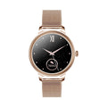 AK38 ladies smart watch with stainless steel Milanese band on wrist, showing its colour screen