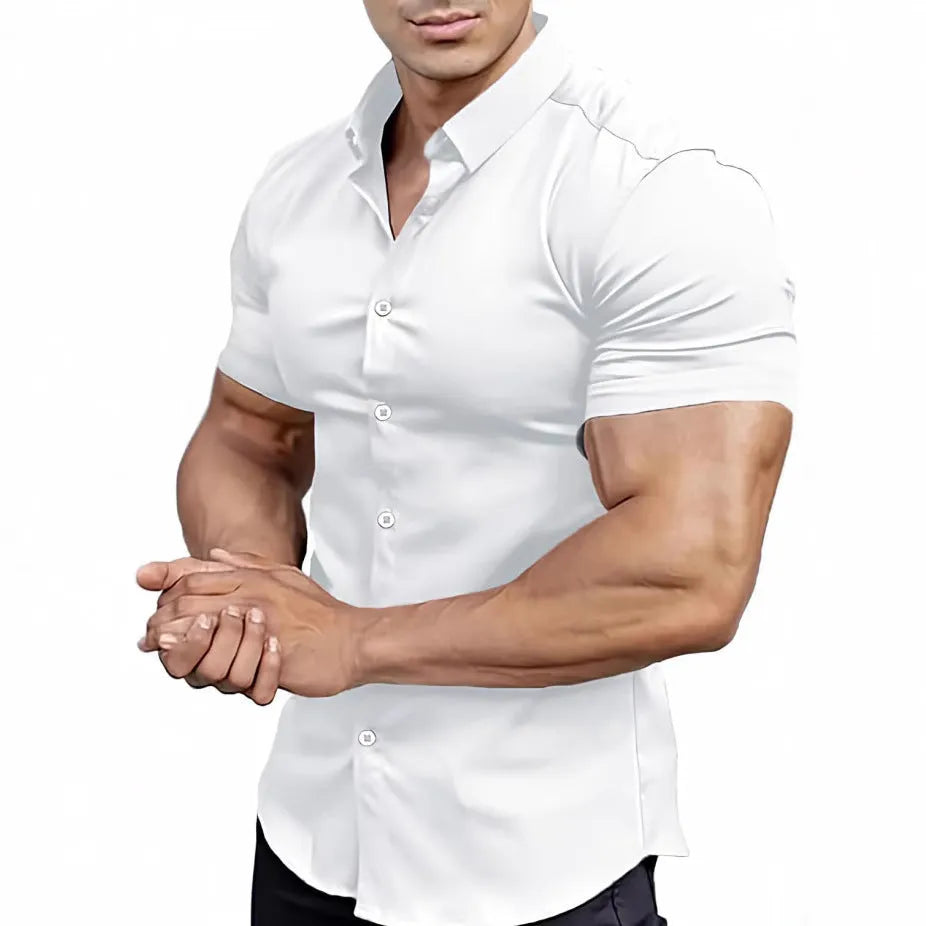 Men's short sleeve printed collar casual shirt in cardigan style, shown in multiple colour options.