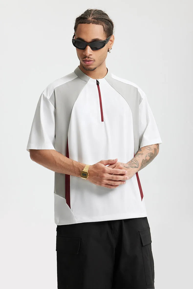 Men's stitching lightweight shirt in polyester fabric showing long sleeve and short sleeve options in black and beige colours