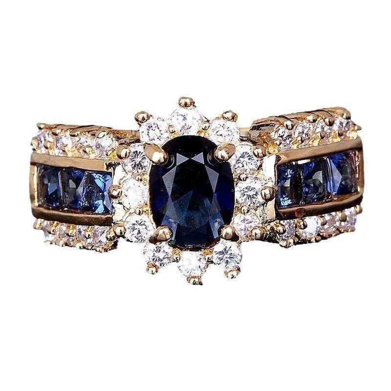 Personalised sunflower blue diamond ring and square-cut zircon designs in zinc alloy for unisex wear.