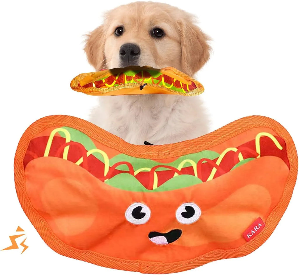 Food-themed dog chew toy in a hamburger design with red, yellow, and green colours, showcasing its no-stuffing construction.