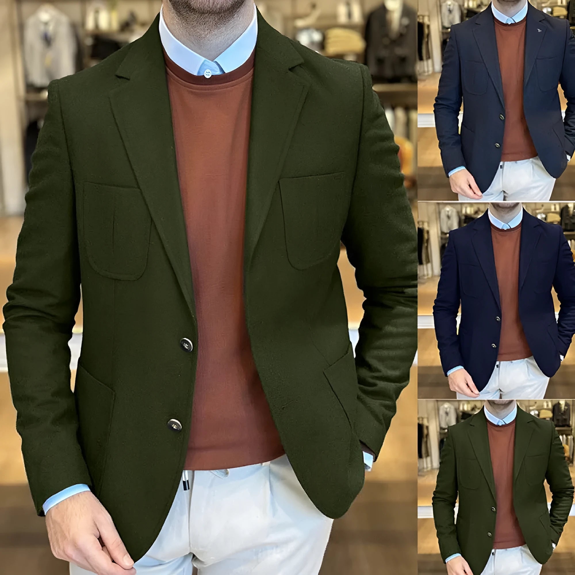 Men's loose retro cotton suit jacket shown in army green, with sizes from S to XXXL available.