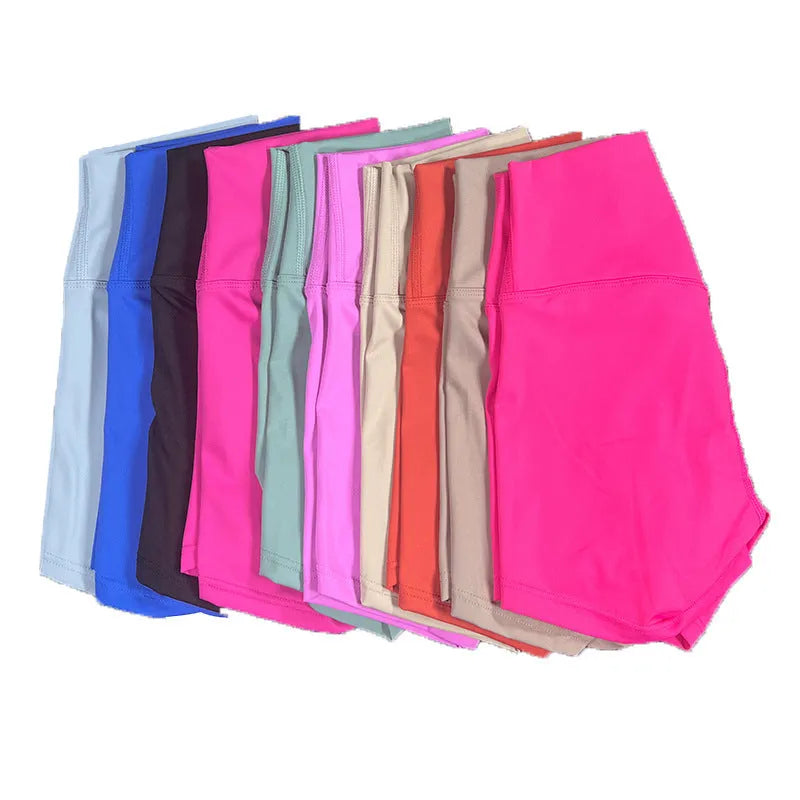 Ladies high waist yoga shorts in nylon fabric, shown in multiple colour options.
