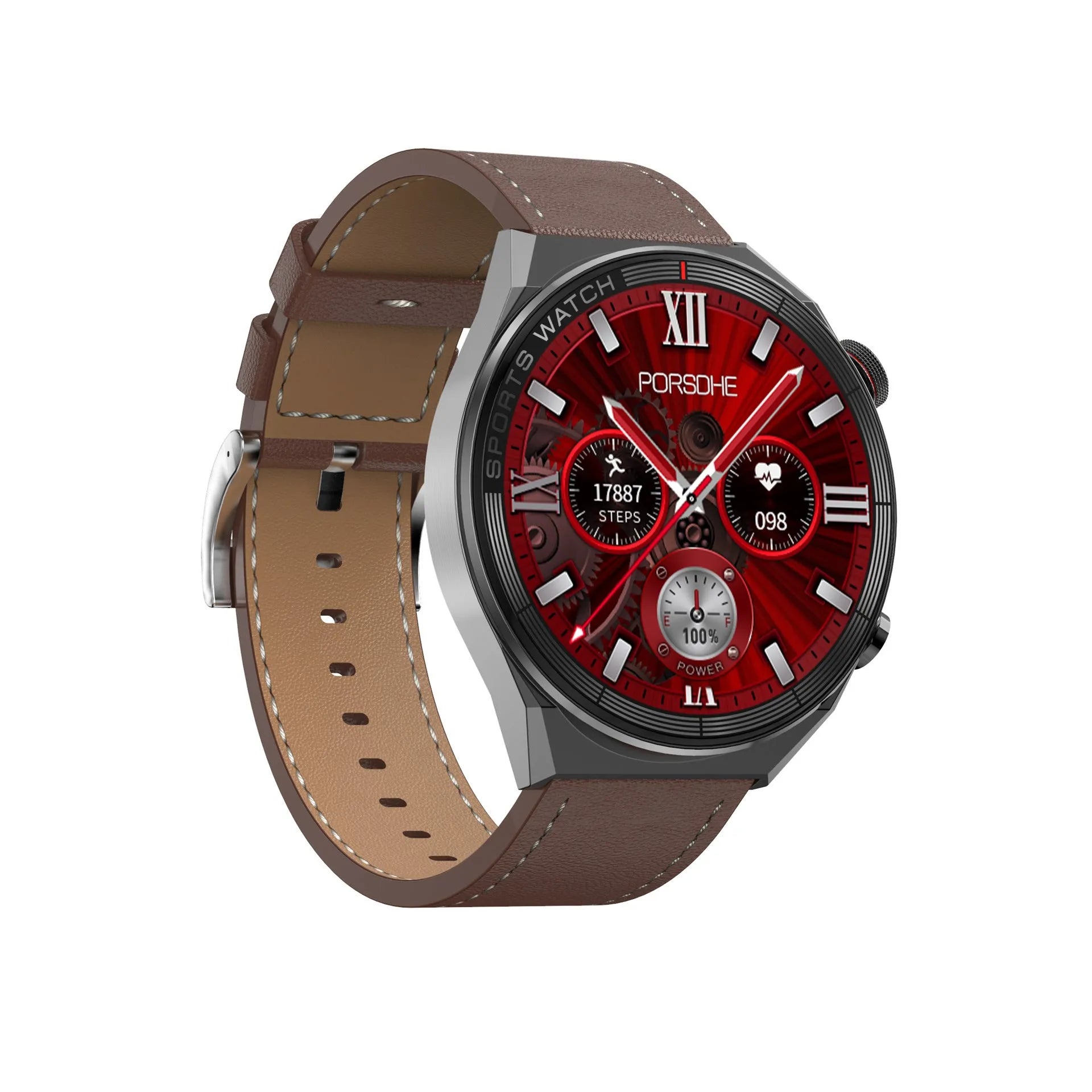 Large screen Bluetooth smart watch with call function shown in black or silver with leather, silicone, and steel strap options.