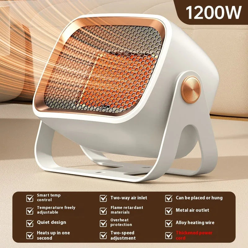 Rotatable white desktop ceramic heater on a wooden table showing control buttons and air outlet.