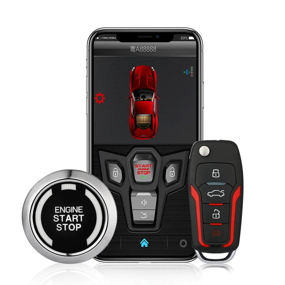 One-way car alarm system with remote controls showing red and frosted black colour scheme