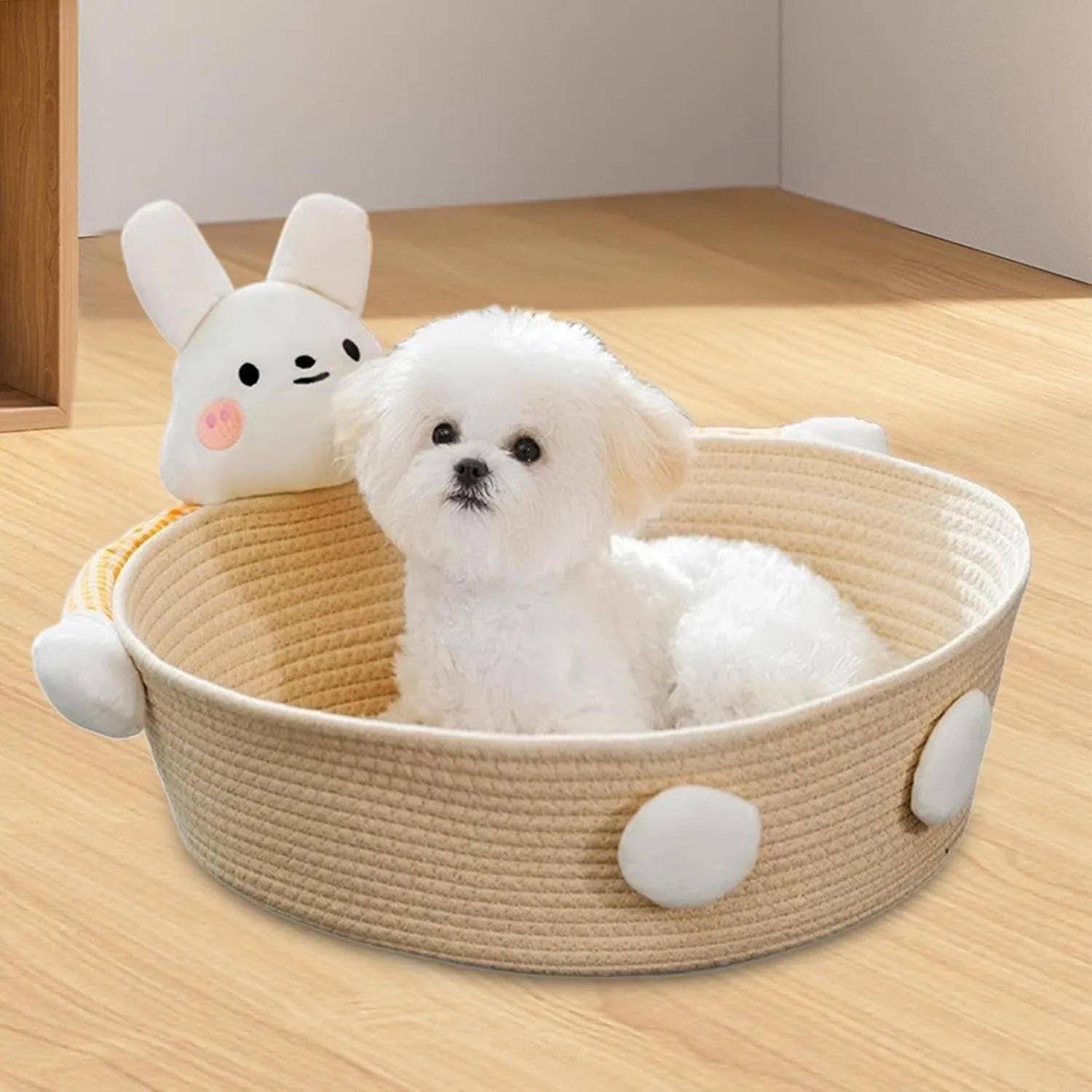Woven cotton rope cat bed with scratch board in basket design for indoor pets