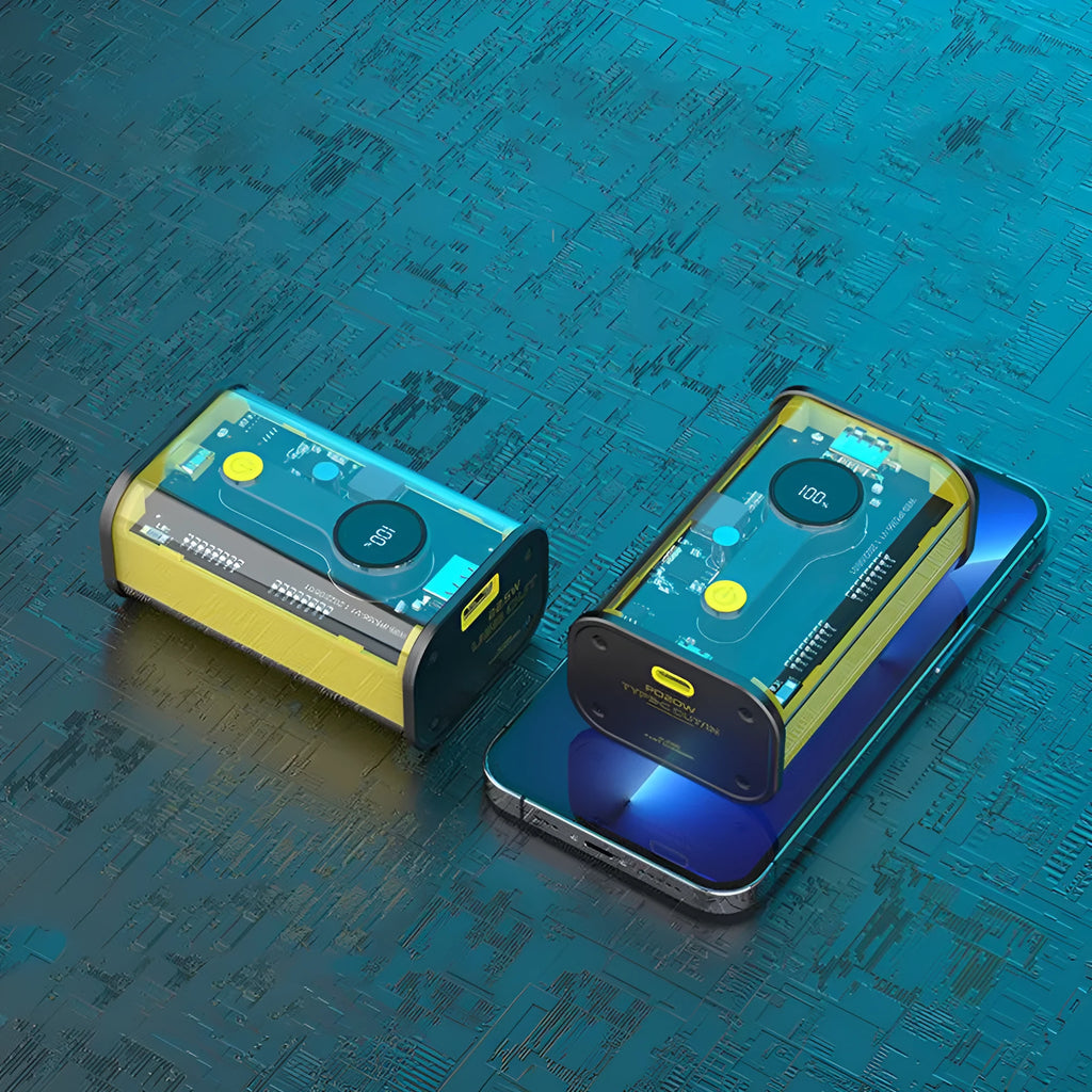Transparent cylindrical aluminium 10000mAh power bank showing internal batteries with multiple USB ports