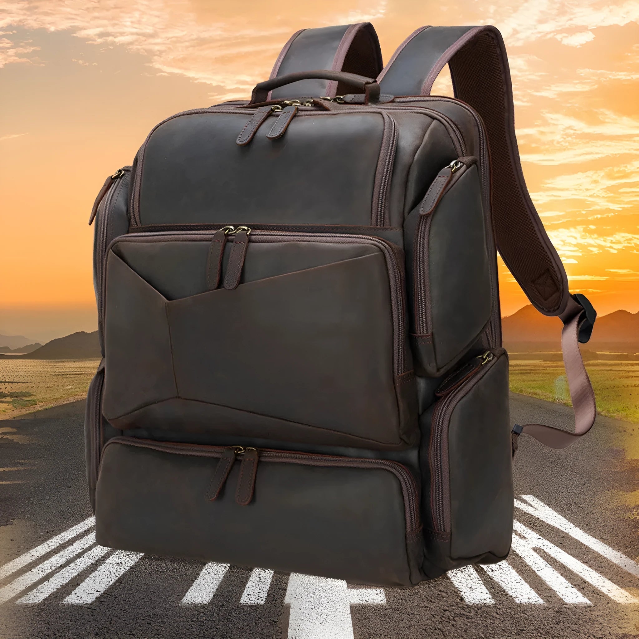 Dark brown leather backpack with 17-inch laptop compartment and multiple internal pockets