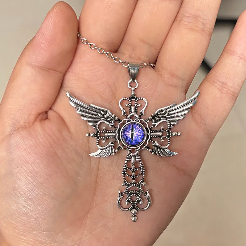 Creative devil wings cross necklace with geometric pendant in alloy metal showing colour options
