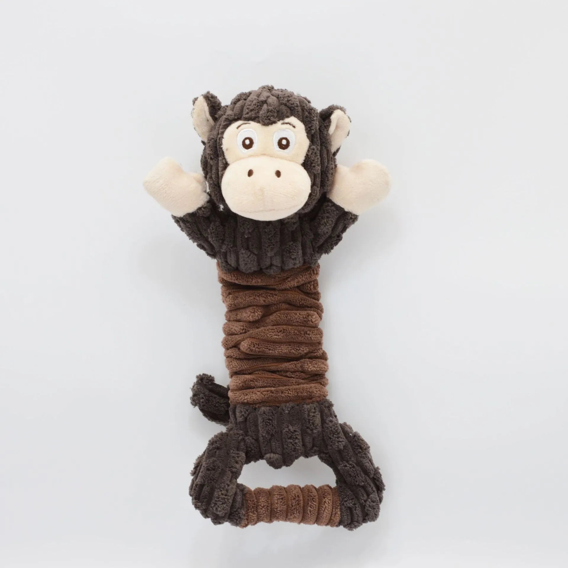Large plush hippo or monkey dog toy with a handle for tug of war