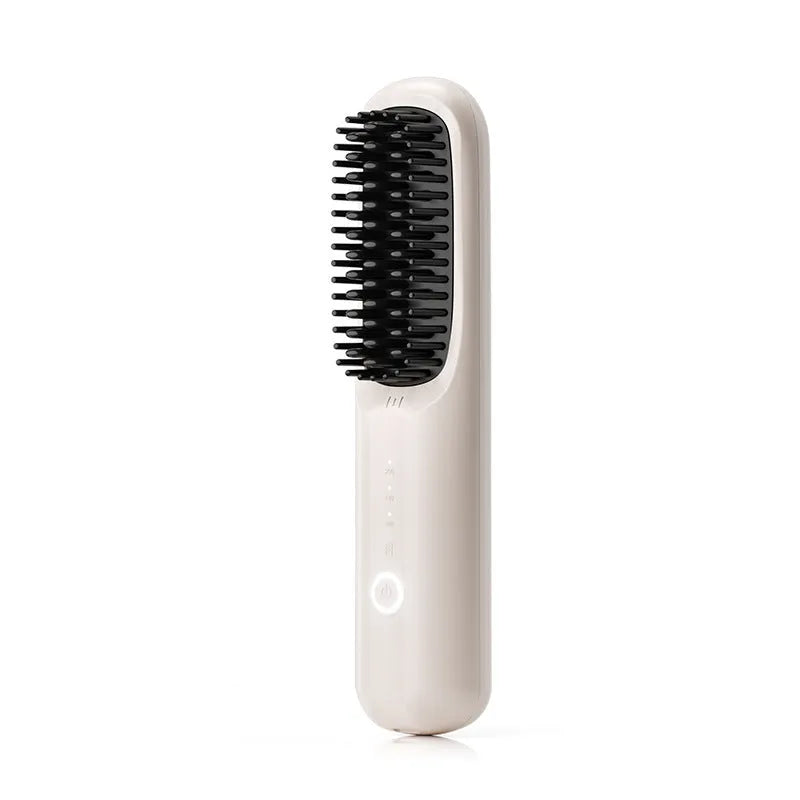 Wireless anion hair straightening comb in beige, pink, purple, or black colours.