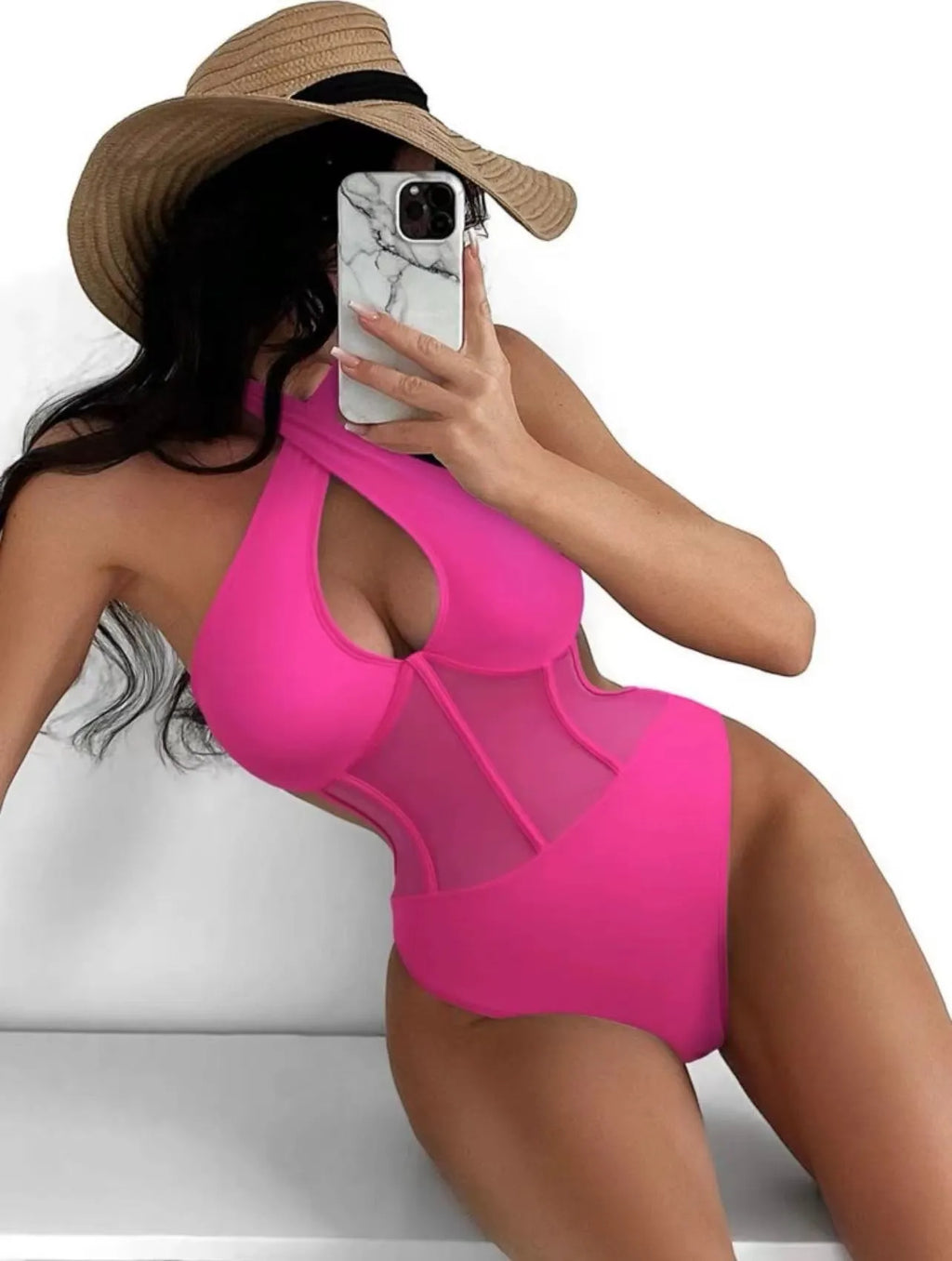 Women's black one-piece swimsuit made from nylon and spandex fabric on a neutral background.