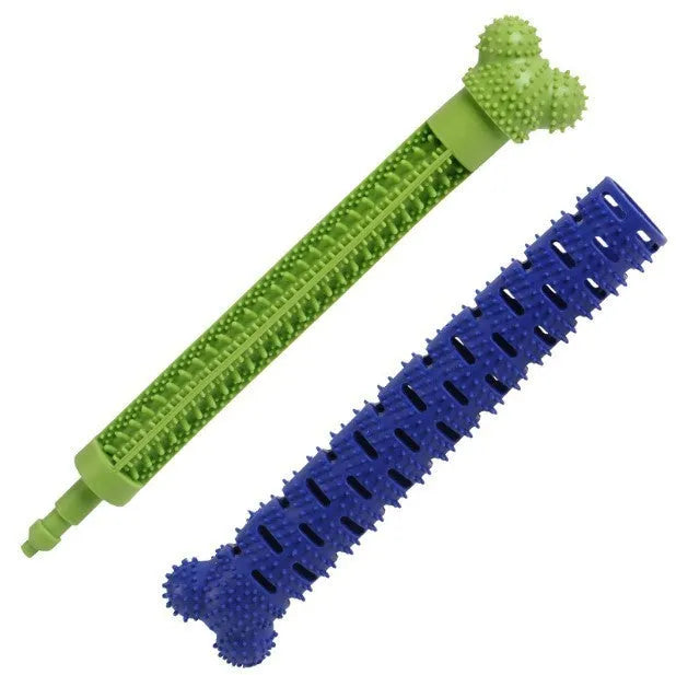 Blue green 25cm dog dental cleaning toy with silicone brush head and textured chewing surface