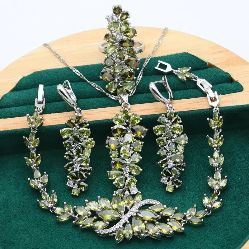 Retro floral jewellery suit with copper alloy and zircon inlay including necklace, bracelet, earrings, and ring