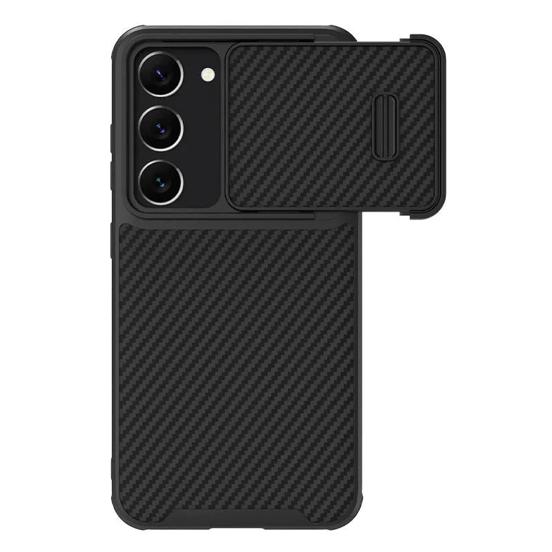 Black carbon fibre reinforced Samsung S23 Ultra phone case with lens push cover
