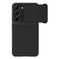 Black carbon fibre reinforced Samsung S23 Ultra phone case with lens push cover