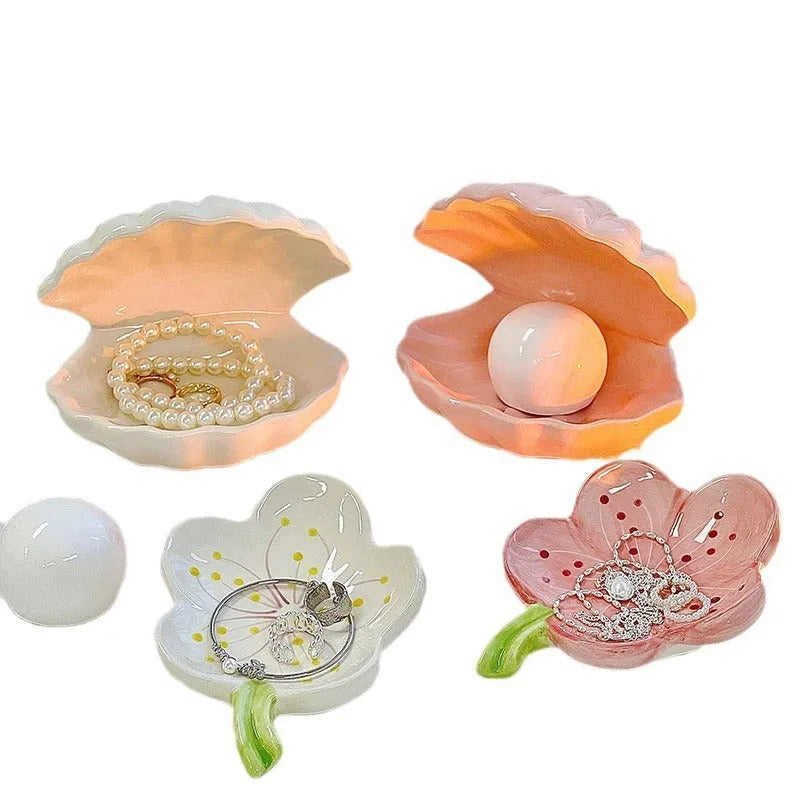 Yellow white porcelain decorative tray with optional small night light, pink or white shell.
