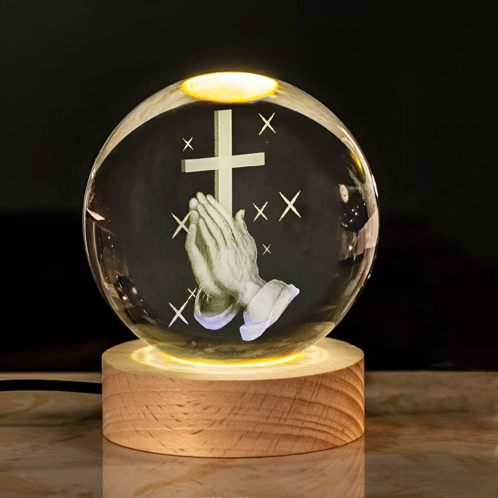 White crystal ball church desk ornament lamp with solid wood warm light base