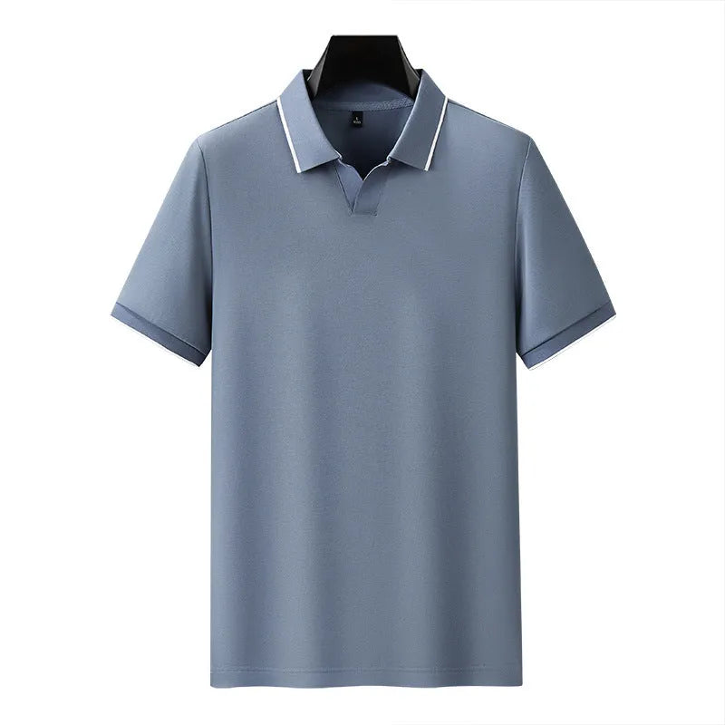 Men's solid colour short sleeve polo shirt with lapel collar in a cotton blend fabric.