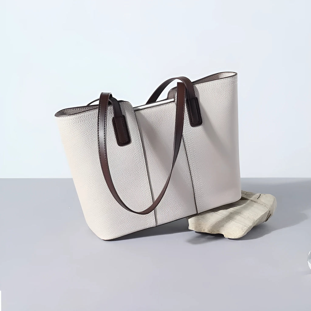 Genuine leather women's shoulder bag in box-type design with shoulder strap, shown in khaki colour