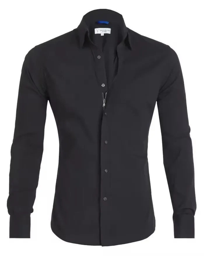 Men's long sleeve zipper shirt with lapel collar, solid colour cotton blend, slim fit, front zipper and button detail