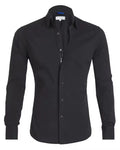 Men's long sleeve zipper shirt with lapel collar, solid colour cotton blend, slim fit, front zipper and button detail
