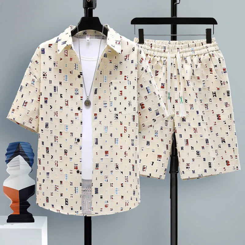 Men's grey casual polyester two-piece set with short sleeve top and matching shorts on a hanger.