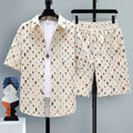 Men's grey casual polyester two-piece set with short sleeve top and matching shorts on a hanger.