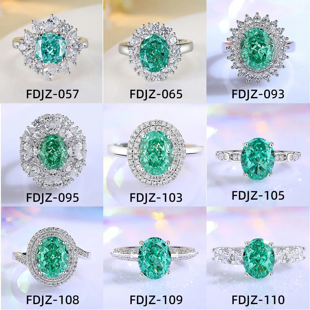 S925 sterling silver women's ring with a green emerald in a Palaibahao design and an inlaid high-carbon diamond on a geometric ellipse band.