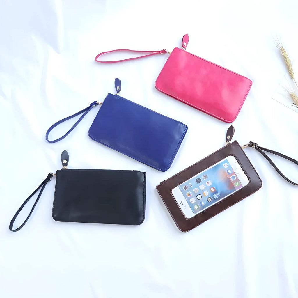 Mini touch screen phone bag in cross square shape with soft surface material, blue colour, and zippered pockets