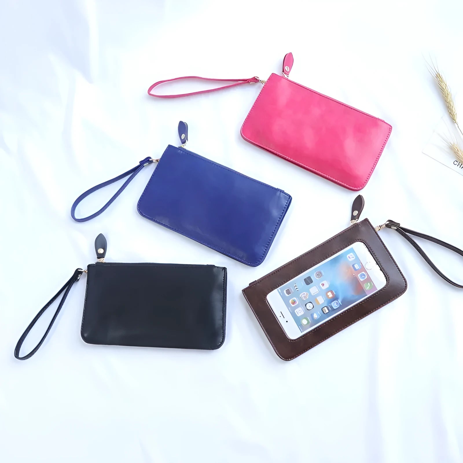 Mini touch screen phone bag in cross square shape with soft surface material, blue colour, and zippered pockets