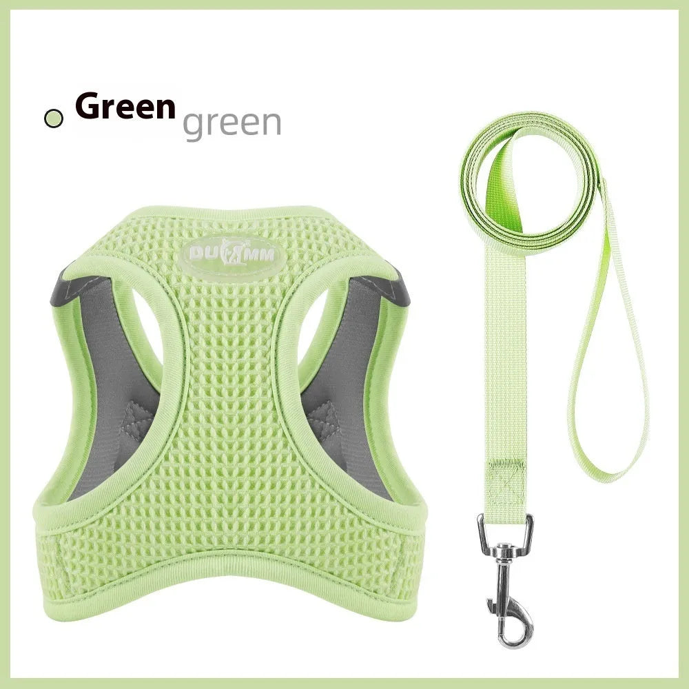 Brown waffle weave cloth pet harness on small dog showing chest strap and hand-held rope
