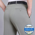 Men's straight cut high waist business trousers in mulberry silk blend fabric