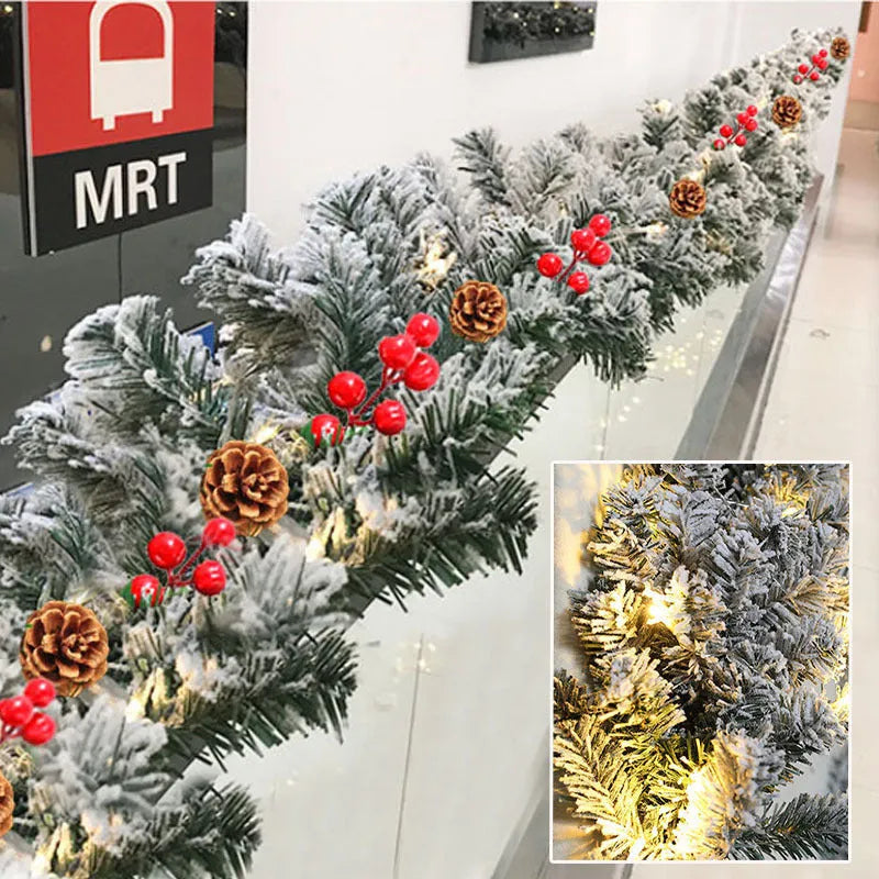 White flocked snow artificial Christmas rattan vine garland draped for decoration.