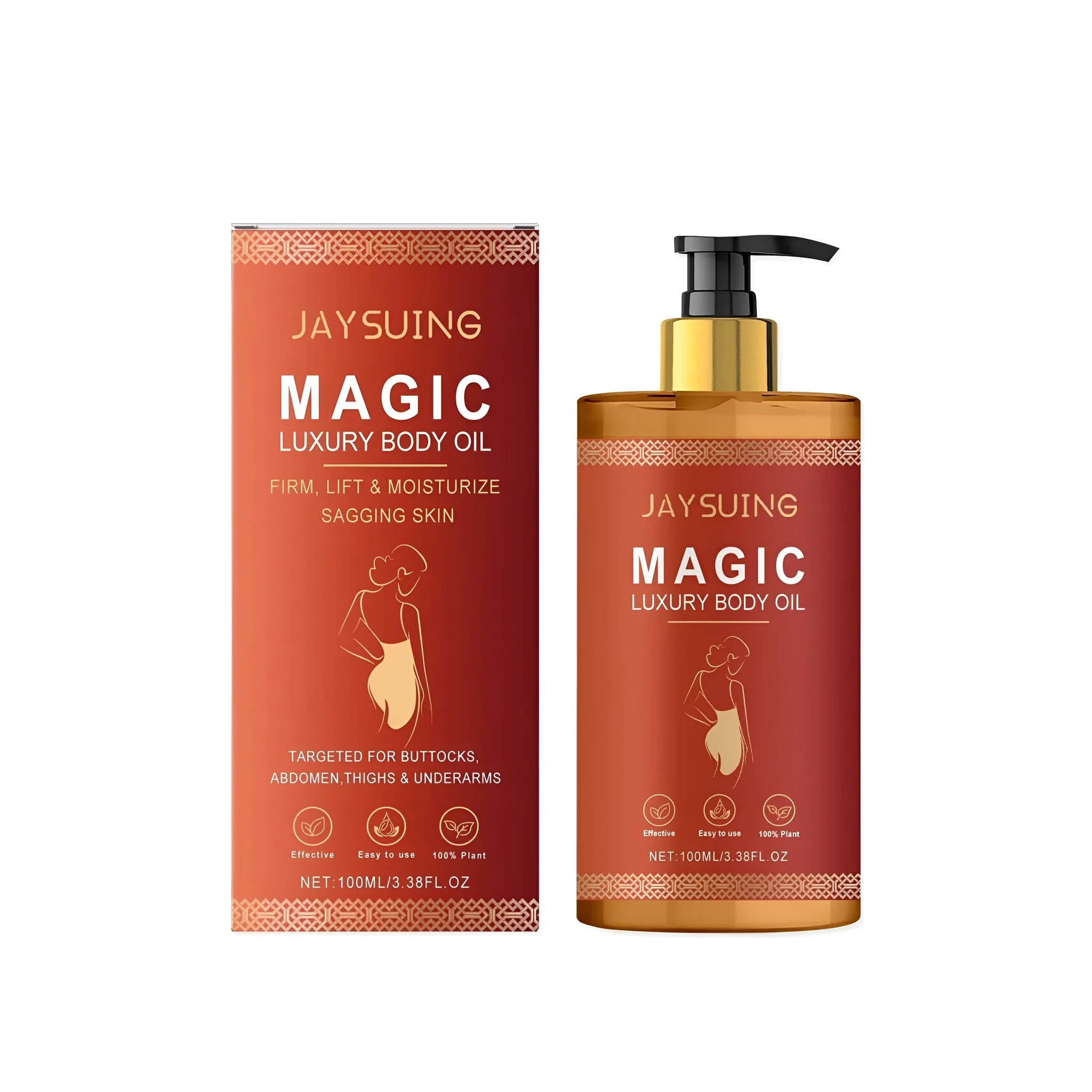 100ml bottle of tightening and nourishing body oil with glycerin, rose hip oil and sweet almond oil formula