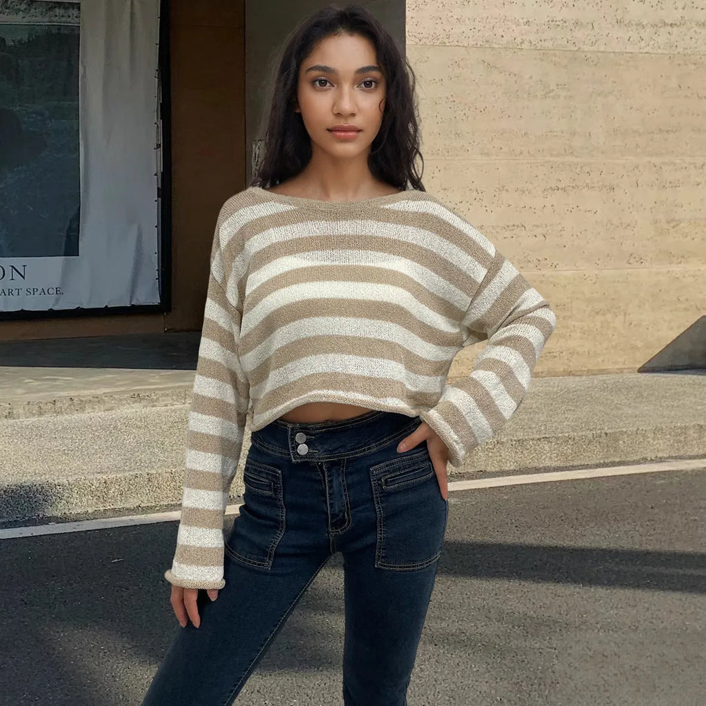 Striped long-sleeved pullover sweater in mercerized cotton shown in multiple colours with front and back wearable design.
