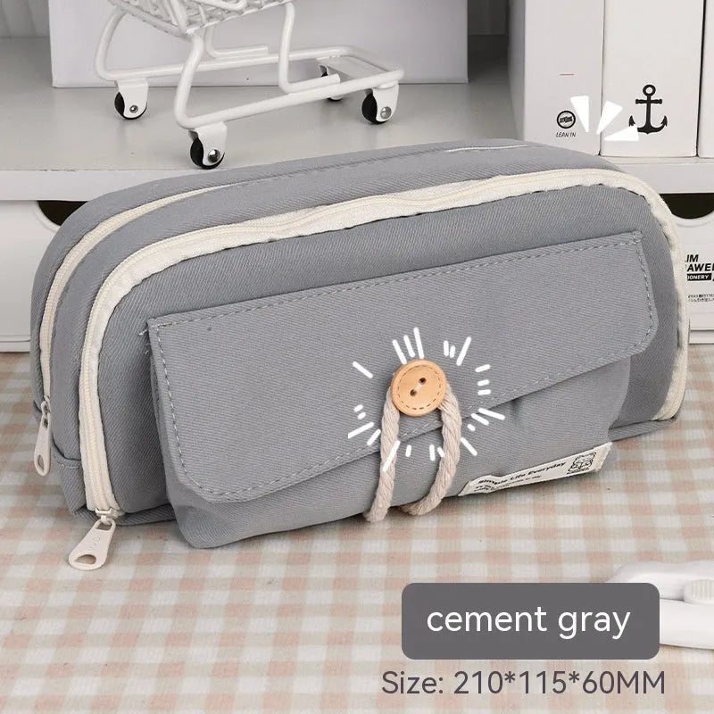 Green canvas pencil case with large capacity for 80 pens, Korean style stationery bag.