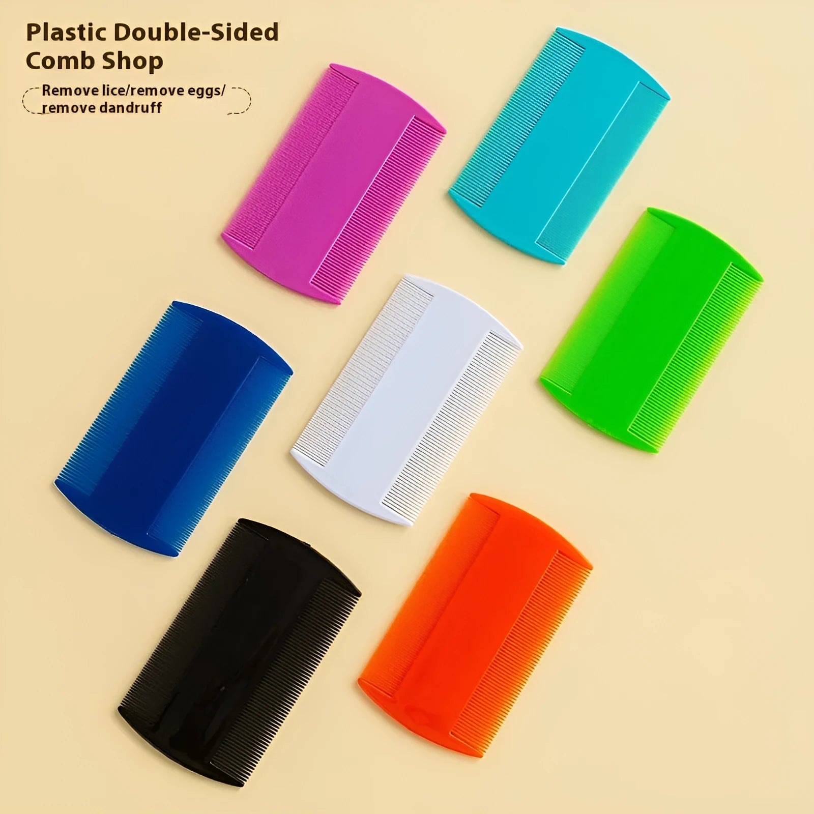 Double-edged fine tooth plastic lice and flea comb in assorted colours, showing compact size