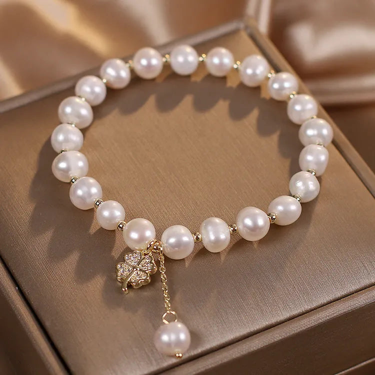 Natural freshwater pearl bracelet white alloy women simple style four-leaf clover sequins hand jewellery