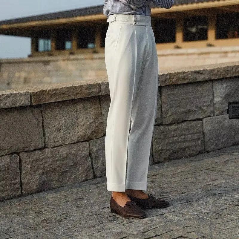 Men's slim fit straight leg formal trousers in black, white, and apricot colours.