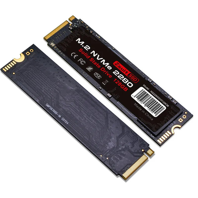 Red metal M.2 NVMe 2280 SSD 128GB with PCIe 3.0/4.0 support on white background