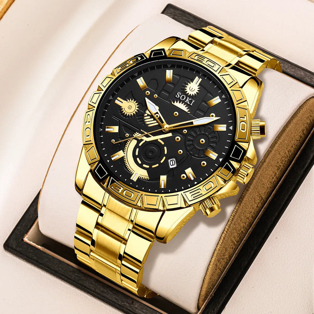 Men's gold business quartz watch with stainless steel strap and 10mm thickness