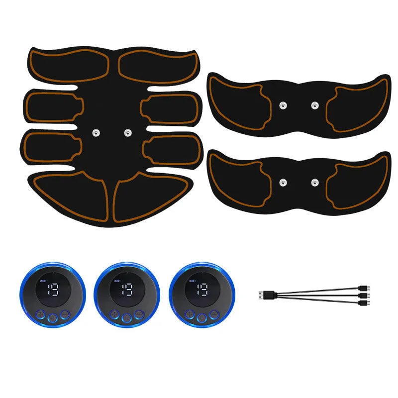 Digital abdominal muscle stimulation patch set with three eight-electrode pads showing red edge variant