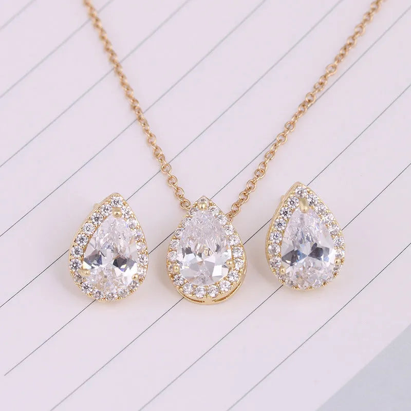 Water drop gemstone necklace and earrings jewellery set in copper and zircon, adjustable chain 51-80cm, rose gold finish