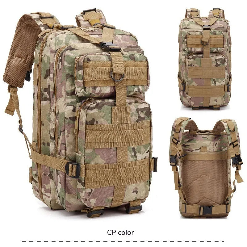 Large khaki Oxford cloth hiking backpack with air pillow belt system, shown for mountaineering use.