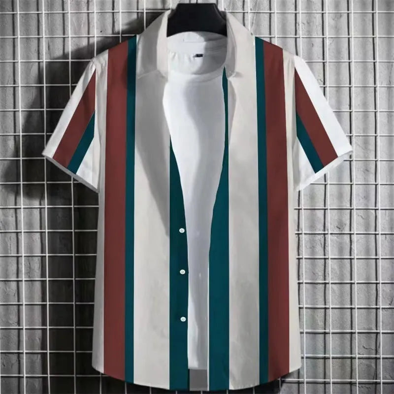 Men's linen short sleeve T-shirt with a 3D printed striped graphic design on the front.