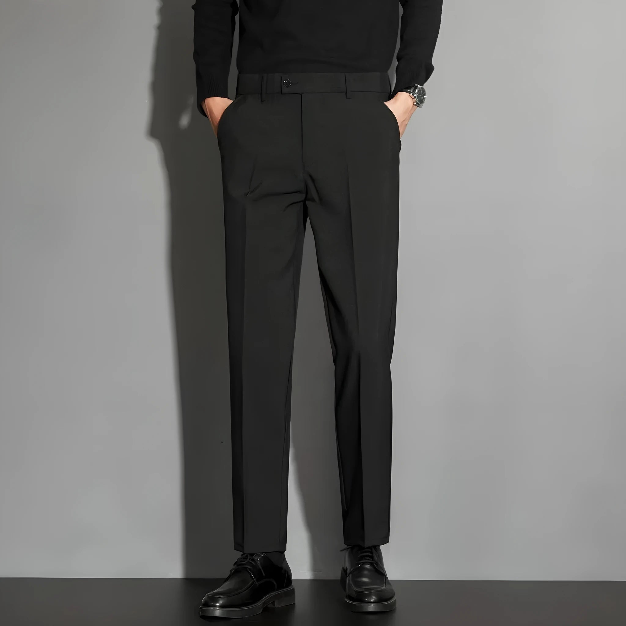 Men's straight leg ankle-length suit trousers in a polyester blend fabric, shown in multiple colours.